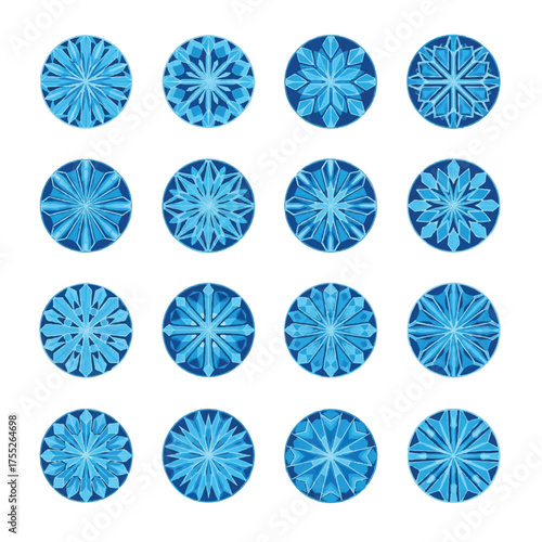 Collection of blue snowflake patterns displayed in circular frames evokes a wintery and festive feeling, perfect for seasonal projects and holiday themes.