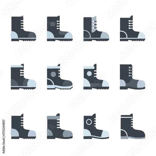 Collection of work boots displayed on white surface showcasing different styles and designs for industrial or outdoor use, presented in clean and modern style.