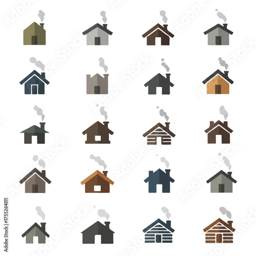 Houses with smoking chimneys stand in neat rows, representing home ownership and environmental concerns in a simple, modern style.