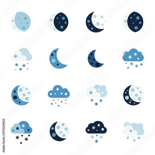 Various moon phases and clouds with falling stars are displayed against a white backdrop, creating a celestial and dreamy atmosphere.