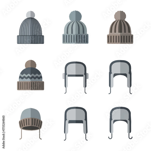 Collection of winter hats displayed on white surface showcasing different styles and textures, evoking warmth and comfort in cold weather.