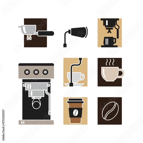 Coffee equipment arranged neatly against white backdrop represents the tools and elements of crafting the perfect cup, simple and clean.