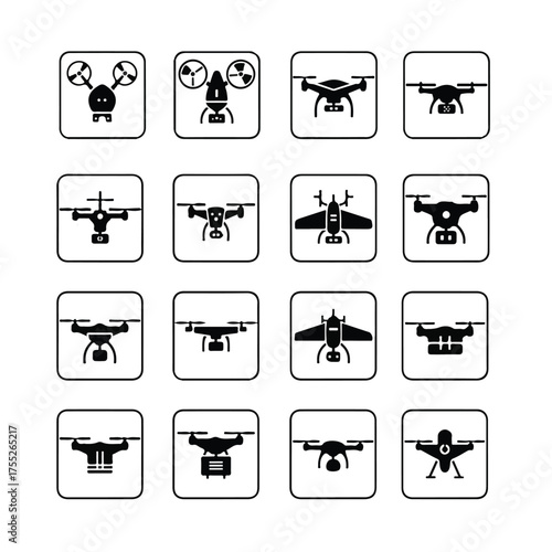 Drones fly in various configurations, displayed as simple black and white symbols, representing modern technology and aerial perspectives.