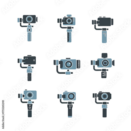 Various camera stabilizers displayed on white surface showcase modern technology and equipment for videography and photography, emphasizing stability and smooth footage.