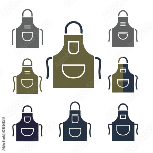 Aprons displayed in various colors and sizes against a white backdrop, showcasing kitchen and workwear apparel in a simple and clean presentation.