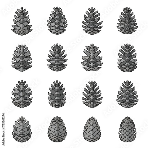 Pine cones arranged in grid pattern showcase natural textures and shapes on white surface, highlighting intricate details and organic beauty.
