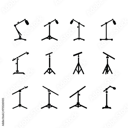 Microphone stands displayed against a white backdrop showcasing various styles and positions for audio recording and performance equipment.