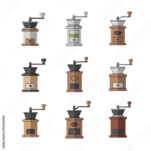Collection of vintage coffee grinders displayed on white surface showing different styles and colors, creating a retro and decorative display.