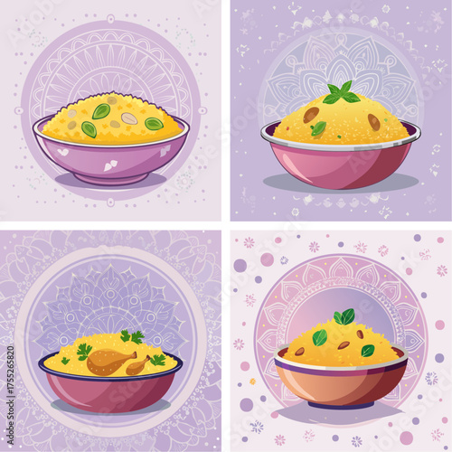 Vector collection of delicious Indian food bowls, featuring rice dishes like biryani, with decorative mandala backgrounds