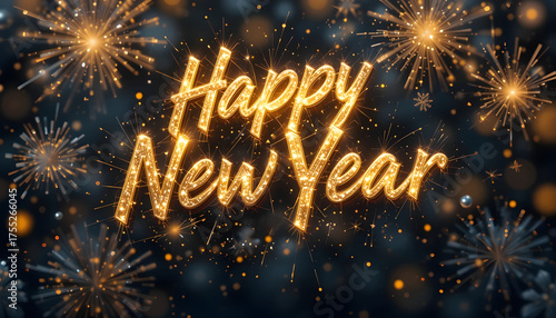 Golden Happy New Year text with fireworks and bokeh celebration