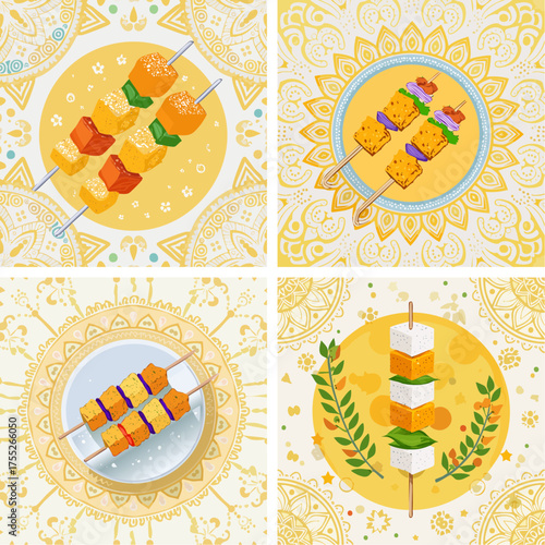 Delicious Indian Food Vector Illustrations of Paneer Tikka Skewers on Traditional Mandala Backgrounds, Perfect for Cultural Cuisine Designs