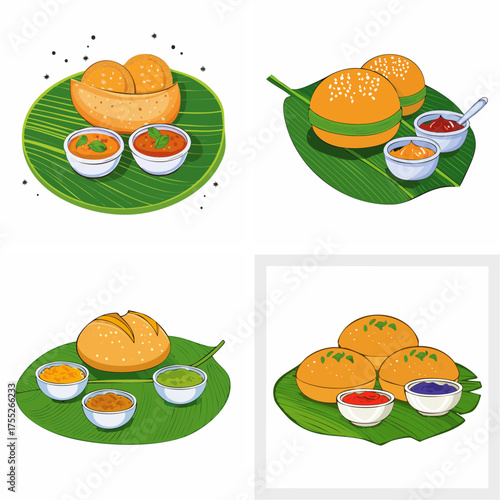 Creative vector illustration set of popular indian breakfast food served on a traditional banana leaf with spicy sauces