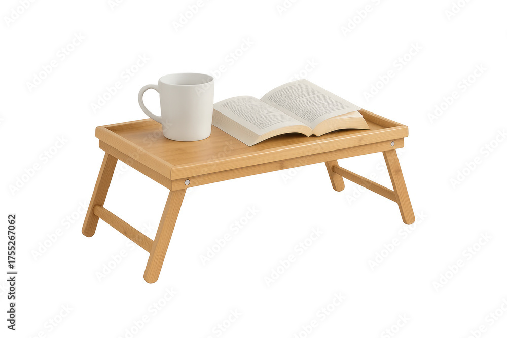 Fototapeta premium Reading a book and drinking coffee on bamboo bed tray