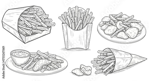 Line Art Collection Variety of French Fries in Different Containers and Arrangements