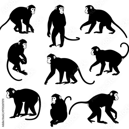 Collection of nine distinct black monkey silhouettes in various poses and actions on a