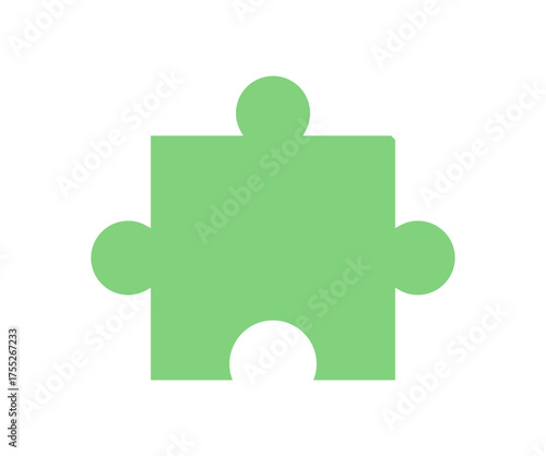 Flat green jigsaw puzzle piece in simple silhouette. Minimalist puzzle part for boardgame and table game fun activity. Classic element for games, toy leisure, and childhood entertainment concepts.