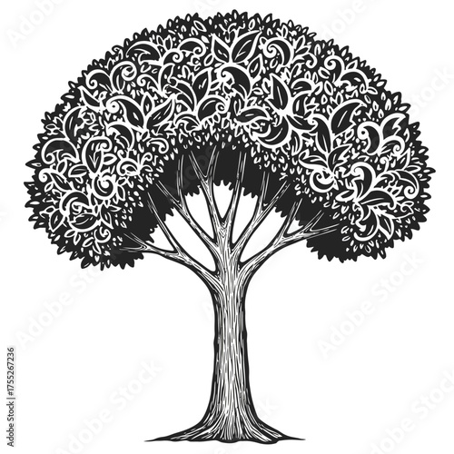 Detailed black and white drawing of a flourishing tree with intricate foliage and textured bark symbolizing nature growth and life