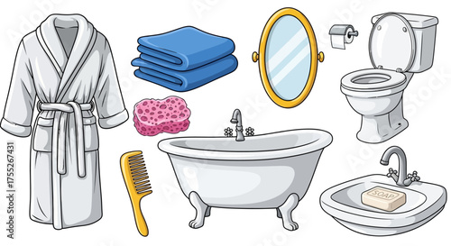 Bathroom Essentials Vector Illustration Robe, Towels, Bathtub, Sink and More