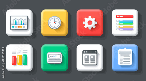 Vector Icon Set with Data Analytics and Business Management Symbols in Modern Flat Style with Bright Colors