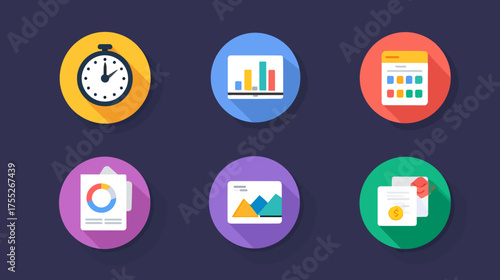 Vector Icon Set of Business Data Charts and Reports in Modern Flat Style with Colorful Circles