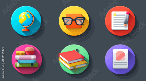 Vector Icon Set of Educational Items with Flat Design Style in Bright Colors