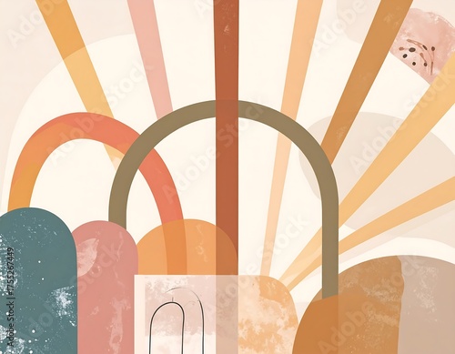 Wallpaper Mural Abstract Bohemian Landscape with Arches and Sun Rays in Earthy Tones. Torontodigital.ca