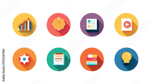 Flat Vector Icon Set for Business Analytics and Office Productivity in Modern Color Palette