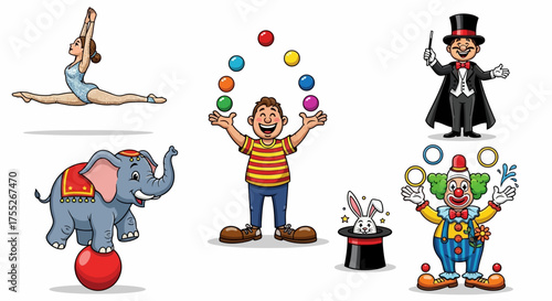 Vector illustration set of funny circus characters. A collection featuring a clown, magician, juggler, acrobat, and a performing elephant