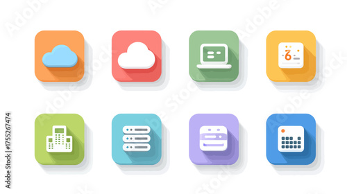Vector Icon Set of Cloud Computing and Data Storage Elements in Modern Flat Style with Bright Pastel Colors