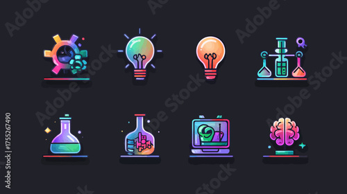 Vector Illustration of Scientific Laboratory Equipment and Concepts in Neon Style for Modern Scientific Illustration