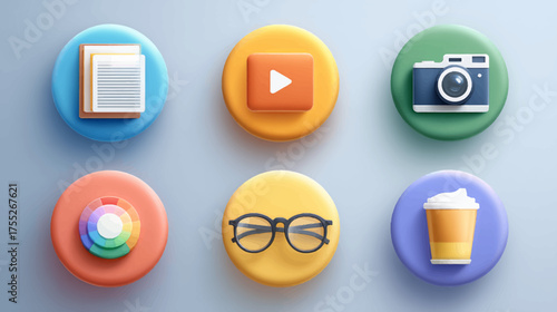 Vector Icon Set with Rounded Button Shapes Featuring Digital Media and Lifestyle Elements Modern Style in Bright Colors