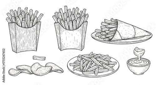 Assorted hand-drawn fast-food potato snacks crispy french fries, golden potato chips, and savory dipping sauce illustration