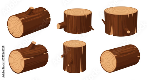 A detailed vector collection of various wooden logs and tree stumps, showcasing different cuts of firewood isolated on a white background