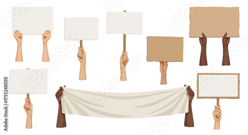 Diverse Hands Holding Up Blank Signs and a Large Banner for Custom Messages, Protests, or Advertisements on a White Background
