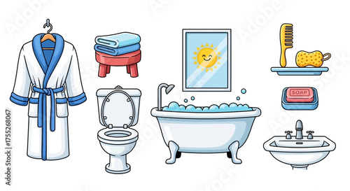 Bathroom Essentials Hygiene and Comfort in Vector Cartoon Style