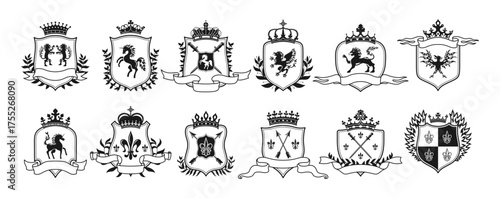 Set of coats of arms, ready-made symbols logos. Heraldic crest vector set. Heraldry elements animals eagle, lion, swords and arrows, ribbons, wreaths, crowns, lily flower. Medieval blazon crest