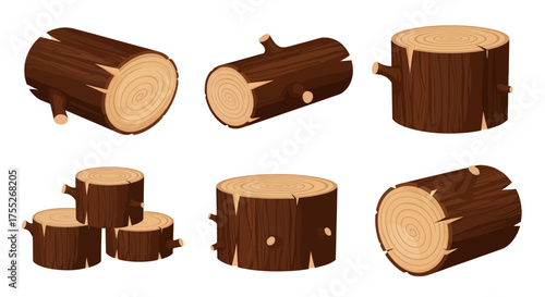 A set of illustrated wooden logs, tree stumps, and firewood materials isolated on a white background. Vector collection for design