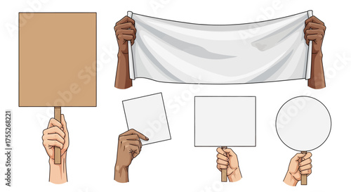 Diverse Hands Holding Various Signs and Banners for Protest, Announcement, and Communication