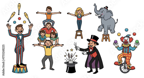 Diverse Circus Performers and Their Acts A Vibrant Collection of Illustrations