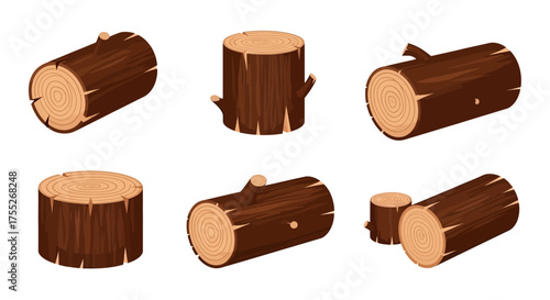 Collection of six different logs or wood sections, isolated on a white background, perfect for various design projects