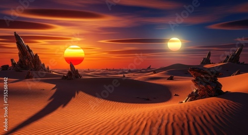 Surreal desert landscape with twin suns setting over sandy dunes and rock formations offering a