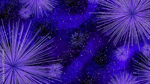A vibrant display of radiating purple fireworks against a deep indigo cosmic backdrop.