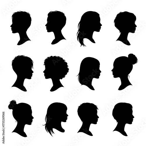 Diverse children silhouettes profile views collection set of 12