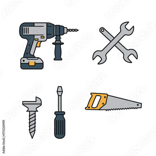 Collection of diy home repair tools including drill screwdrivers wrenches and saw for construction projects