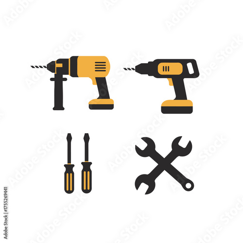 Collection of power drills screwdrivers and wrenches essential tools for construction and diy projects