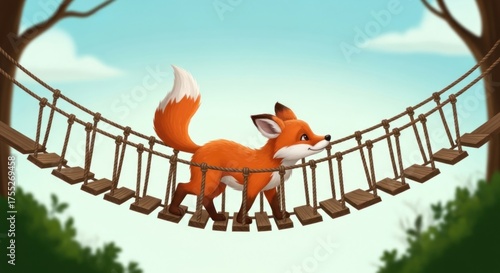 A charming illustration of a fox cautiously crossing a rope bridge in a forest setting
