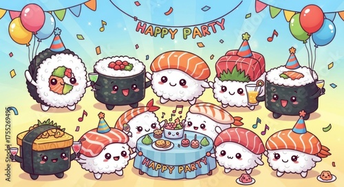 A delightful sushi party with adorable cartoon characters celebrating a happy occasion with