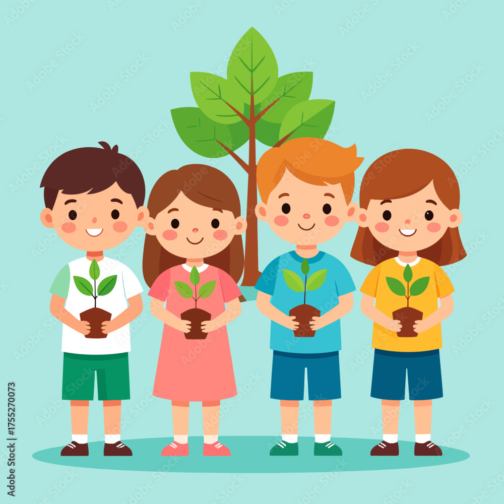 Fototapeta premium World Children’s Day Youngsters Planting Trees and Embracing Nature for a Sustainable Future