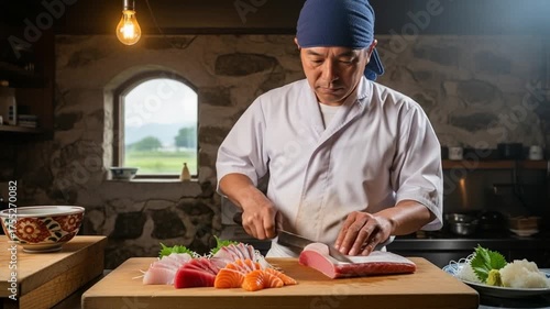 Chef Cutting Raw Fish for Dish Preparation in Rustic Kitchen