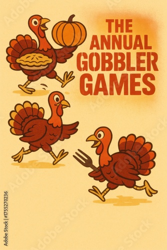 Three cartoon turkeys running with pie and pumpkin for The Annual Gobbler Games. Perfect for Thanksgiving events, fun holiday posters, festival promotions, and community flyers. Includes copy space.
